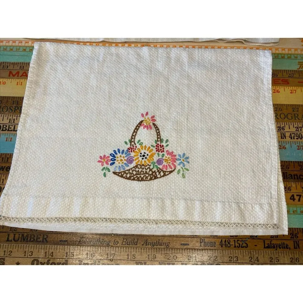 VINTAGE Hand Embroidered Tea Guest Towels Dresser Scarfs LINEN Floral Lot of 3